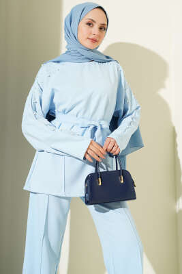 İnci Detaylı Kuşaklı İkili Takım Mavi - İkili Takım