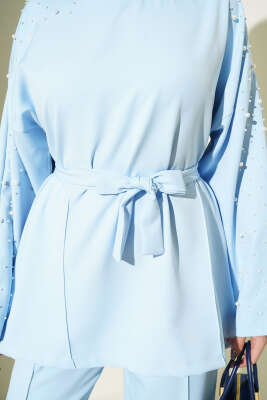 İnci Detaylı Kuşaklı İkili Takım Mavi - İkili Takım