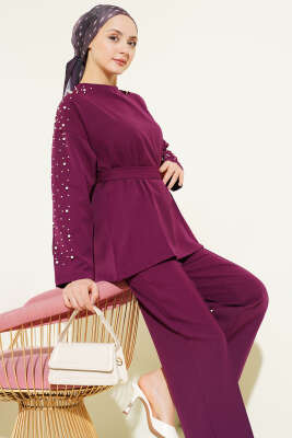 İnci Detaylı Kuşaklı İkili Takım Mor - TABLO FASHİON