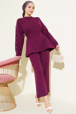 İnci Detaylı Kuşaklı İkili Takım Mor - İkili Takım