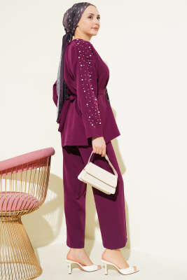 İnci Detaylı Kuşaklı İkili Takım Mor - İkili Takım