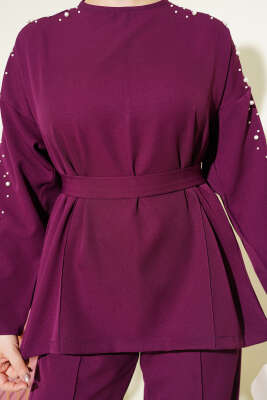 İnci Detaylı Kuşaklı İkili Takım Mor - İkili Takım