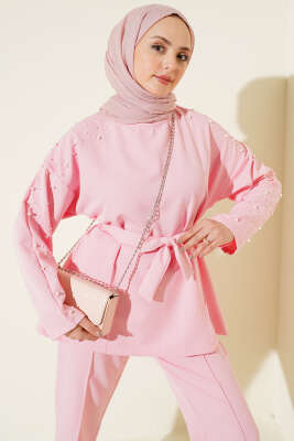 İnci Detaylı Kuşaklı İkili Takım Pembe - İkili Takım