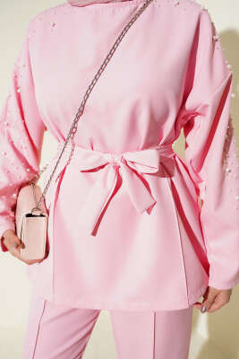 İnci Detaylı Kuşaklı İkili Takım Pembe - İkili Takım