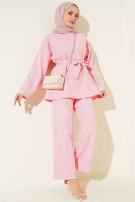 İnci Detaylı Kuşaklı İkili Takım Pembe - TABLO FASHİON