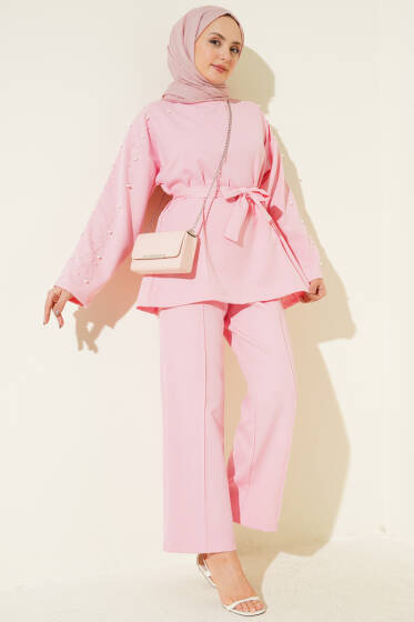 İnci Detaylı Kuşaklı İkili Takım Pembe - Yılın Fırsatı
