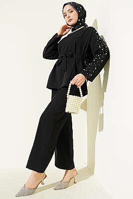 İnci Detaylı Kuşaklı İkili Takım Siyah - İkili Takım