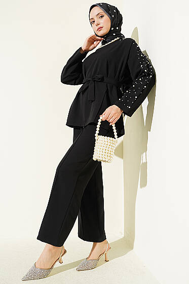 İnci Detaylı Kuşaklı İkili Takım Siyah - İkili Takım