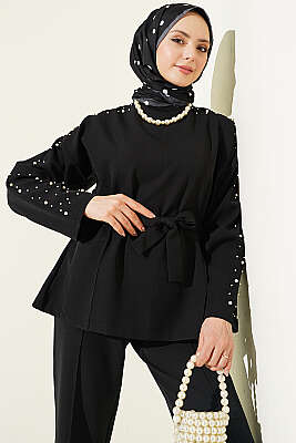 İnci Detaylı Kuşaklı İkili Takım Siyah - İkili Takım