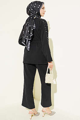 İnci Detaylı Kuşaklı İkili Takım Siyah - İkili Takım