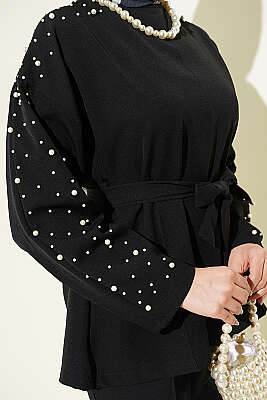 İnci Detaylı Kuşaklı İkili Takım Siyah - İkili Takım