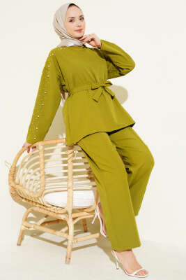İnci Detaylı Kuşaklı İkili Takım Yağ Yeşili 