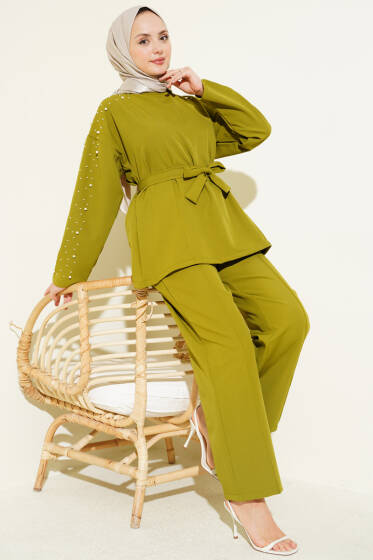 İnci Detaylı Kuşaklı İkili Takım Yağ Yeşili - İkili Takım