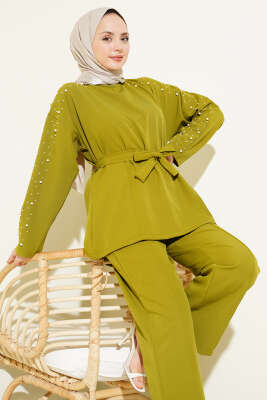 İnci Detaylı Kuşaklı İkili Takım Yağ Yeşili - İkili Takım