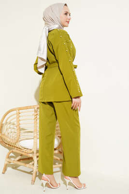İnci Detaylı Kuşaklı İkili Takım Yağ Yeşili - İkili Takım