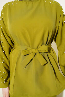 İnci Detaylı Kuşaklı İkili Takım Yağ Yeşili - İkili Takım