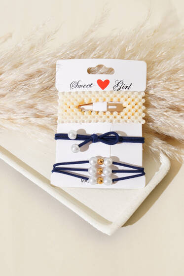 İnci Detaylı Lastikli Toka Seti Lacivert - Toka