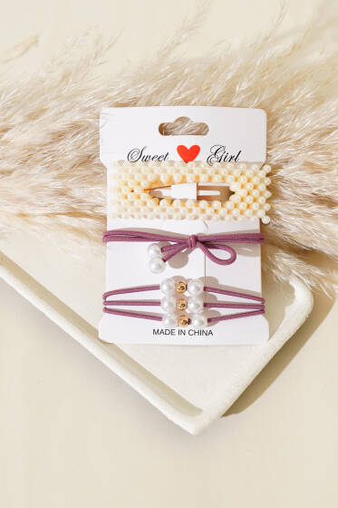 İnci Detaylı Lastikli Toka Seti Magenta - Toka