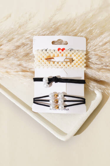 İnci Detaylı Lastikli Toka Seti Siyah - Toka