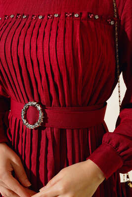 İnci Detaylı Pileli Elbise Burgonya - Thumbnail