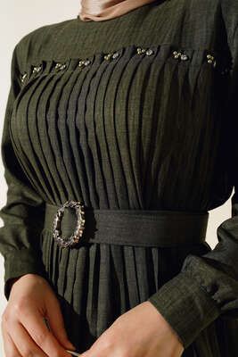 İnci Detaylı Pileli Elbise Haki - Thumbnail