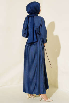 İnci Detaylı Pileli Elbise İndigo - Thumbnail