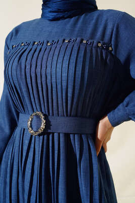 İnci Detaylı Pileli Elbise İndigo - Thumbnail