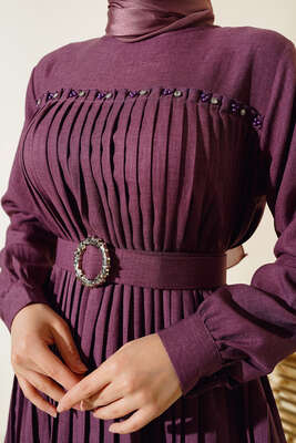 İnci Detaylı Pileli Elbise Magenta - Thumbnail