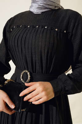 İnci Detaylı Pileli Elbise Siyah - Thumbnail