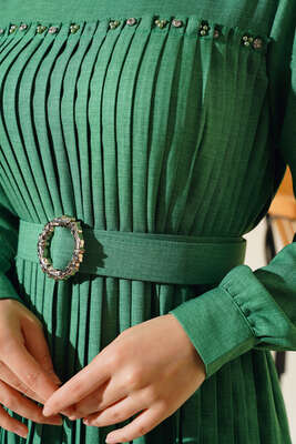 İnci Detaylı Pileli Elbise Yeşil - Thumbnail