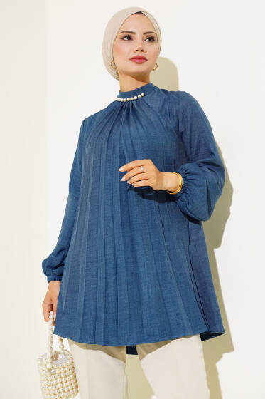 İnci Detaylı Pileli Tunik İndigo - Tunik