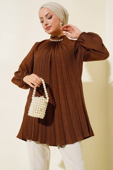 İnci Detaylı Pileli Tunik Kestane - Tunik