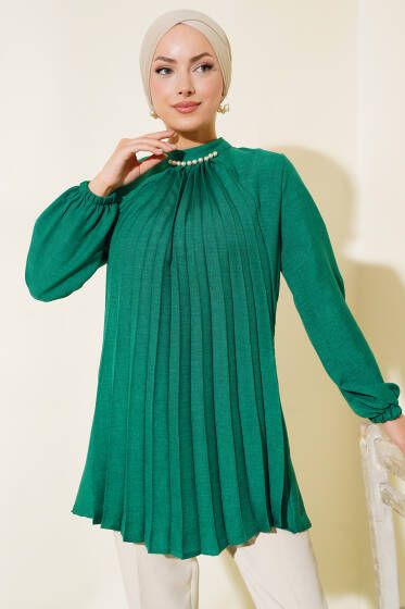 İnci Detaylı Pileli Tunik Yeşil - Tunik