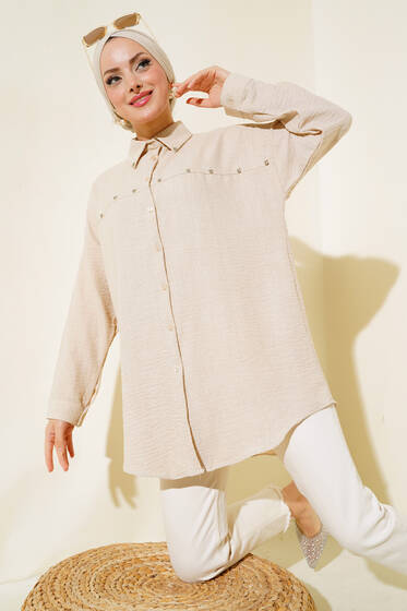 İnci Detaylı Salaş Gömlek Bej - Gömlek