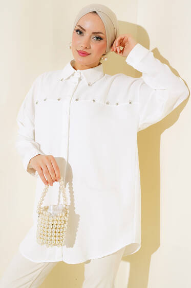 İnci Detaylı Salaş Gömlek Ekru - Gömlek