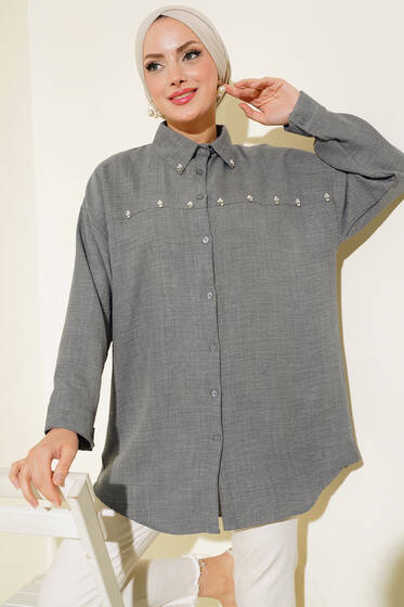 İnci Detaylı Salaş Gömlek Füme - Gömlek