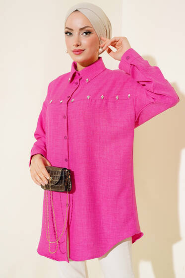 İnci Detaylı Salaş Gömlek Fuşya - Gömlek