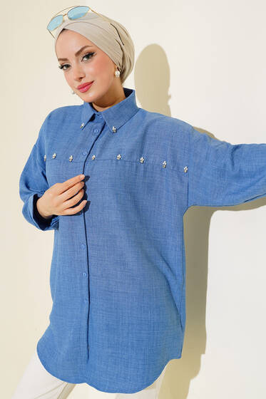 İnci Detaylı Salaş Gömlek İndigo - Gömlek
