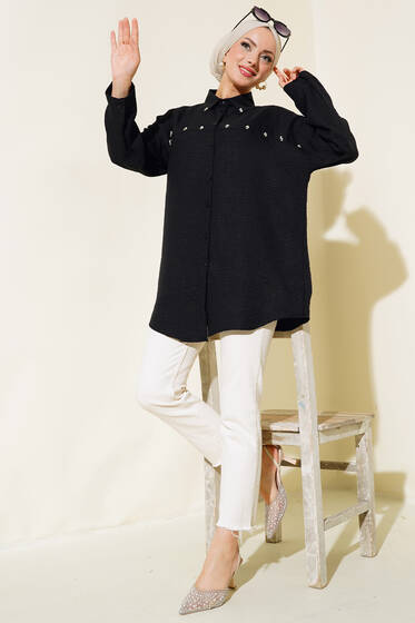 İnci Detaylı Salaş Gömlek Siyah - Gömlek