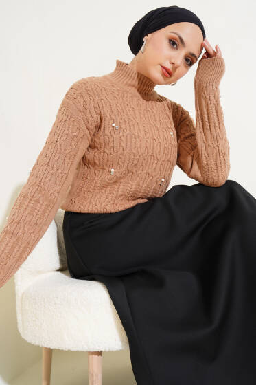 İnci Detaylı Yarım Boğazlı Triko Kazak Büsküvi - Triko