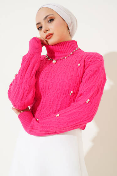 İnci Detaylı Yarım Boğazlı Triko Kazak Fuşya - Triko