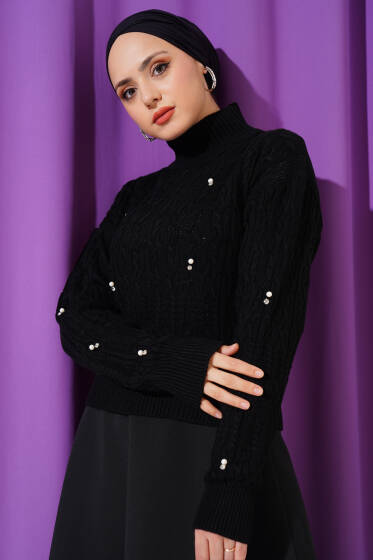 İnci Detaylı Yarım Boğazlı Triko Kazak Siyah - Triko