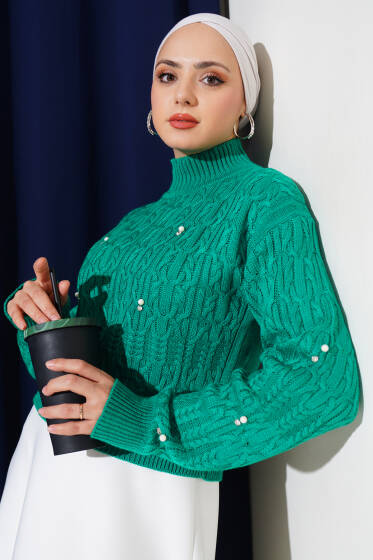 İnci Detaylı Yarım Boğazlı Triko Kazak Zümrüt - Triko