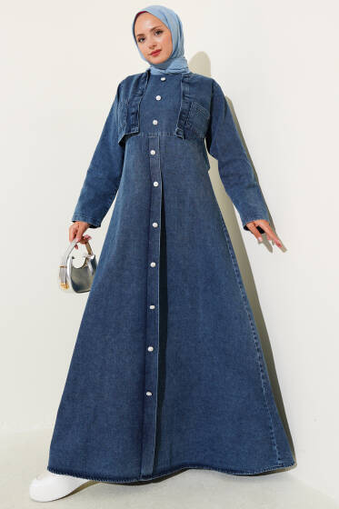İnci Düğme Detaylı Kot Jile İkili Takım Koyu Mavi - İkili Takım