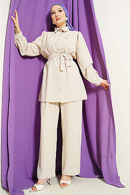 İnci Düğme Detaylı Kuşaklı İkili Takım Bej - İkili Takım