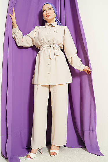 İnci Düğme Detaylı Kuşaklı İkili Takım Bej - İkili Takım