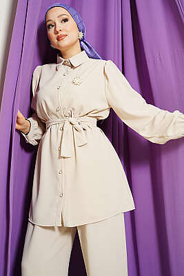 İnci Düğme Detaylı Kuşaklı İkili Takım Bej - İkili Takım