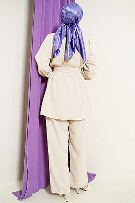 İnci Düğme Detaylı Kuşaklı İkili Takım Bej - İkili Takım