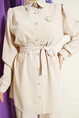 İnci Düğme Detaylı Kuşaklı İkili Takım Bej - İkili Takım