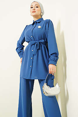 İnci Düğme Detaylı Kuşaklı İkili Takım İndigo 